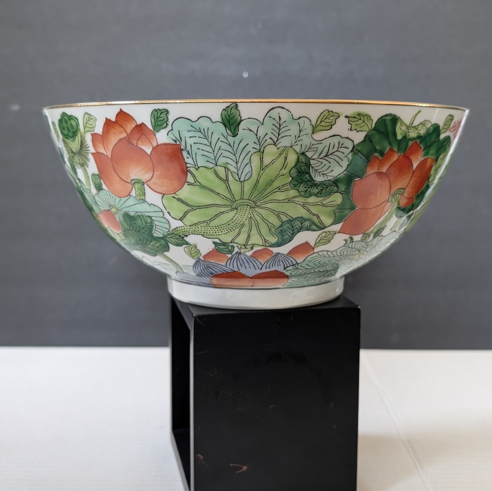 Vintage TFF Japan Porcelain Ware Green Red Lotus Printed Round Bowl - Picture 3 of 8